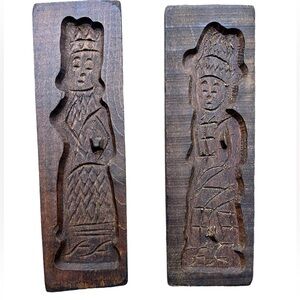 Antique Primitive Pair/2 Hand Carved Wooden Gingerbread Butter Plank Molds 9”x6”